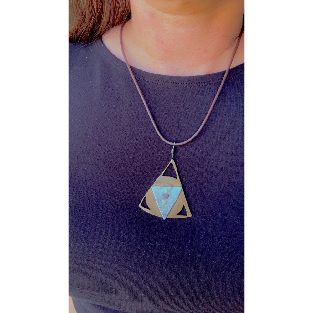 Artisan Mixed Metal Geometric Triangle Pendant Necklace Brutalist Brass Silver